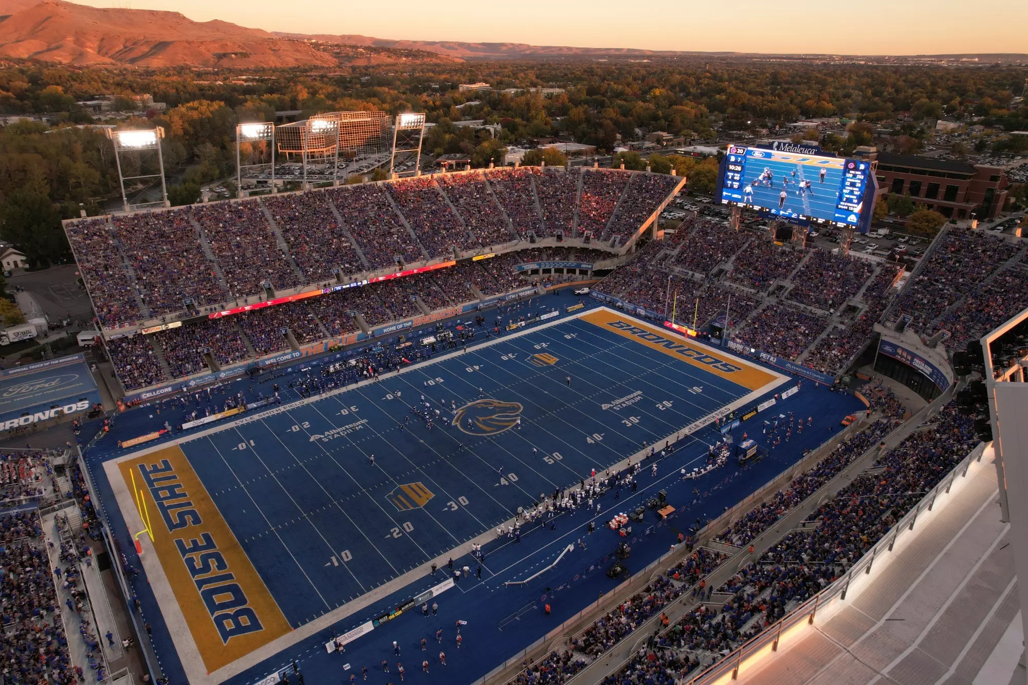 An aerial view of Boise State's blue field at Albertsons Stadium