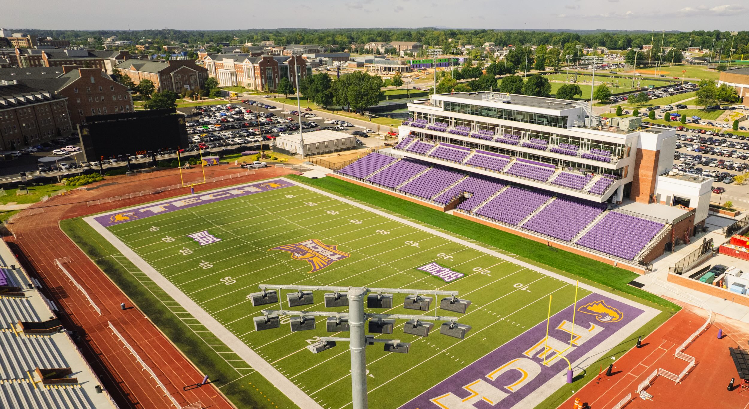 An aerial photograph of Tennessee Tech's completed Tucker Stadium West Side before the 2026 football season