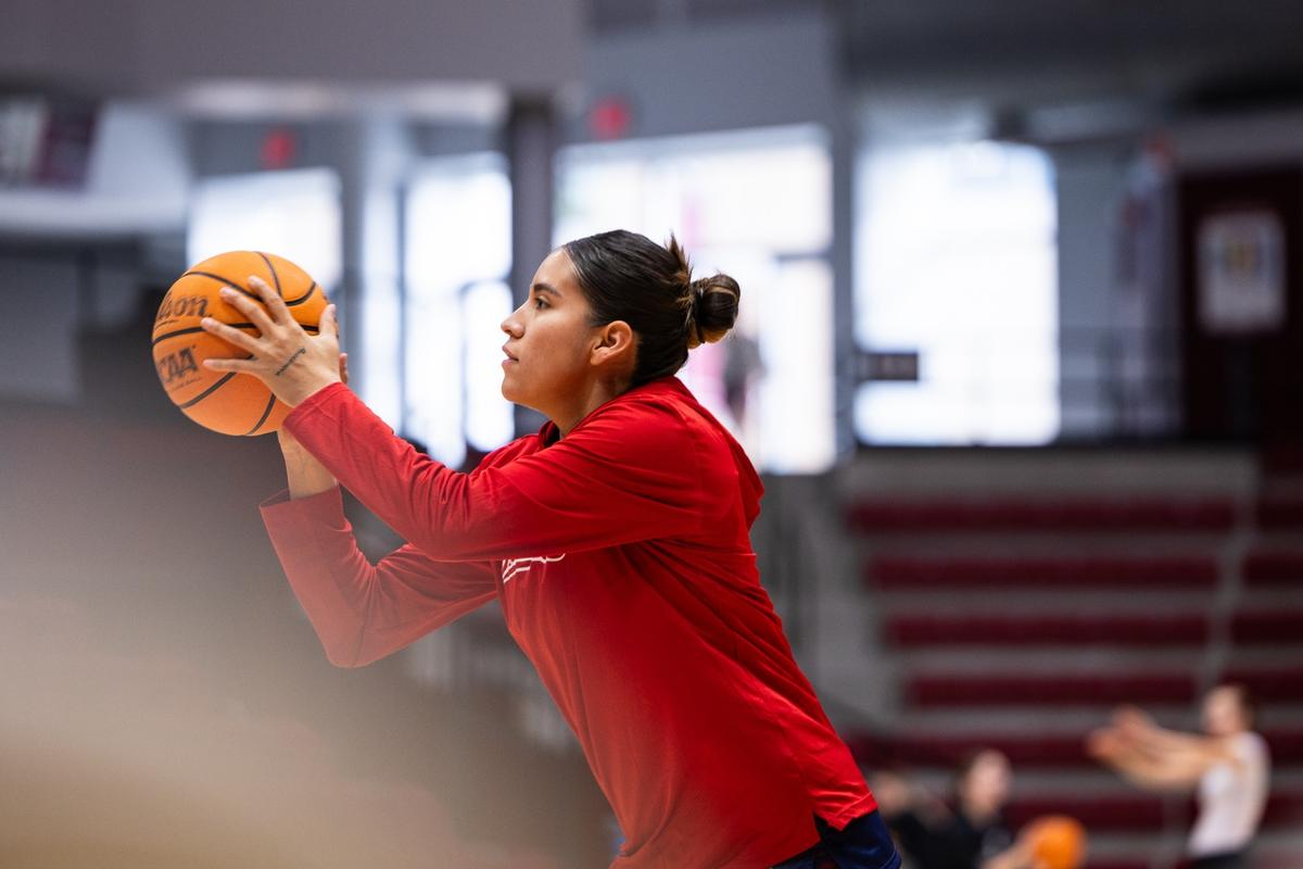 Morelia Chavez prepares a warmup shot with Fresno State women's basketball