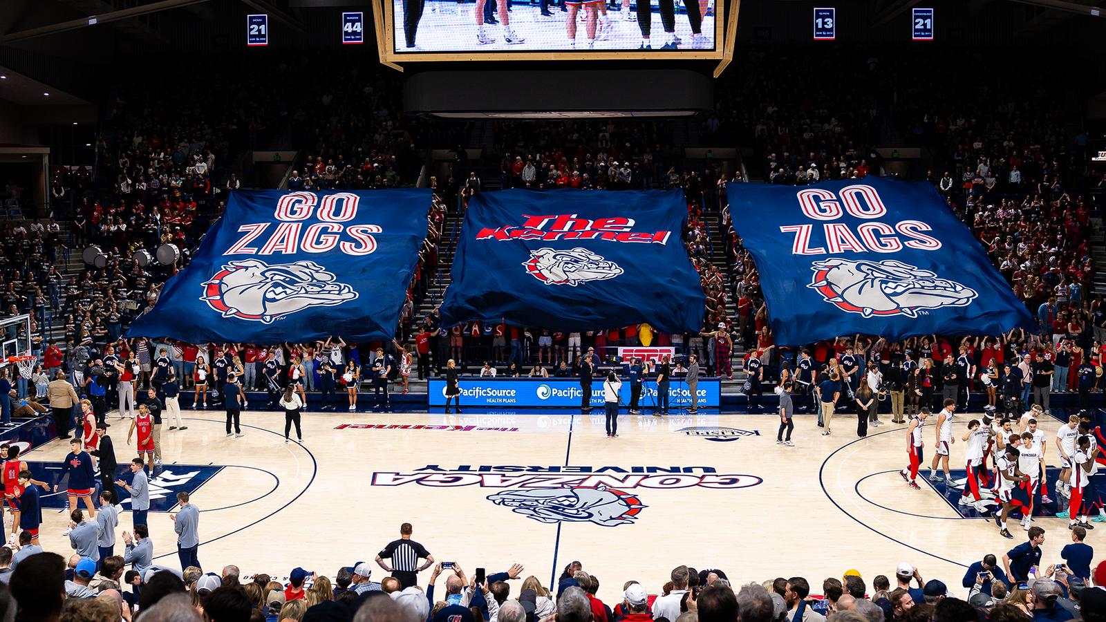 Gonzaga fans display banners above the court at McCarthey Athletic Center