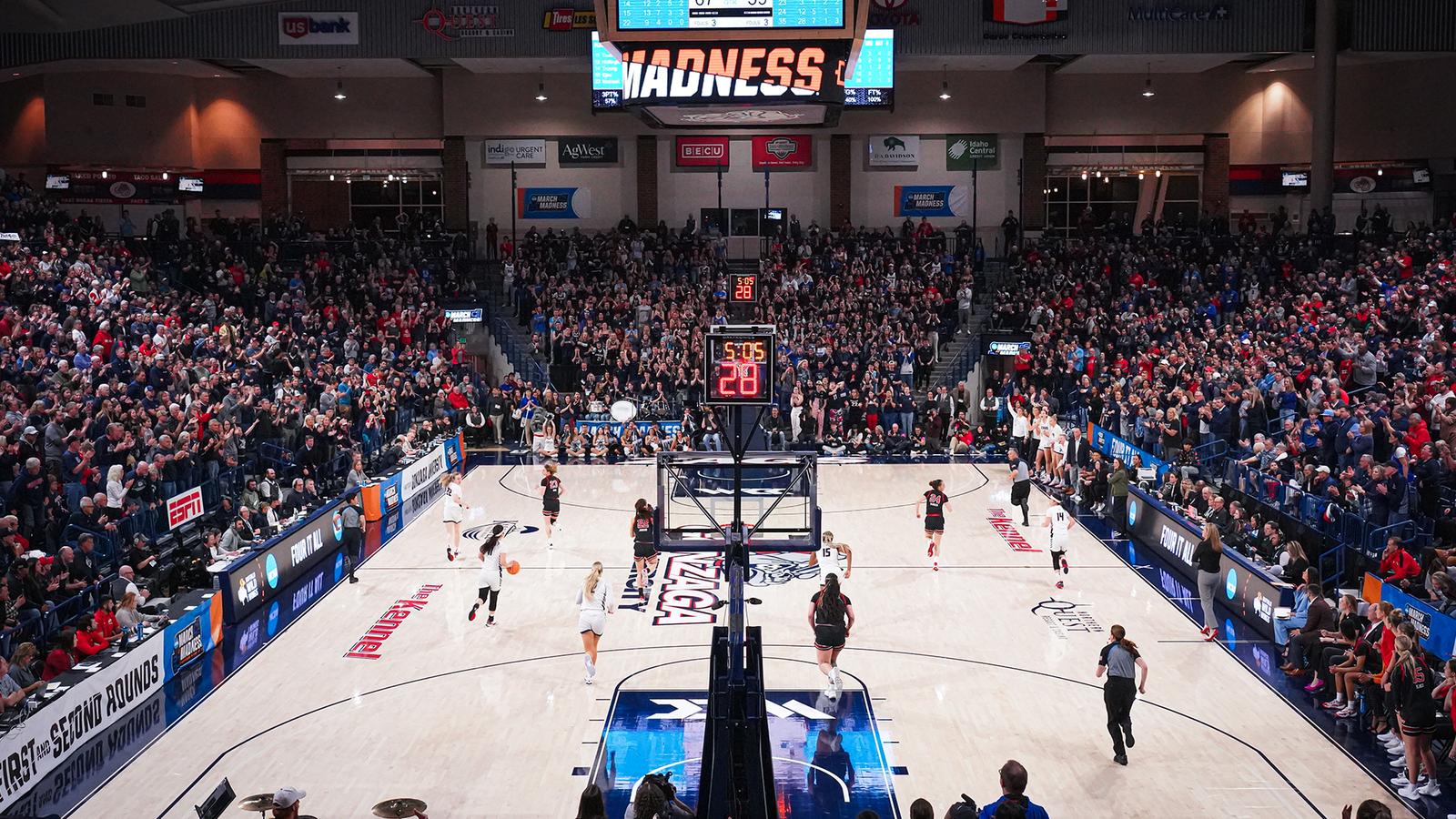 Gonzaga women's basketball plays in front of a full crowd at McCarthey Athletic Center.