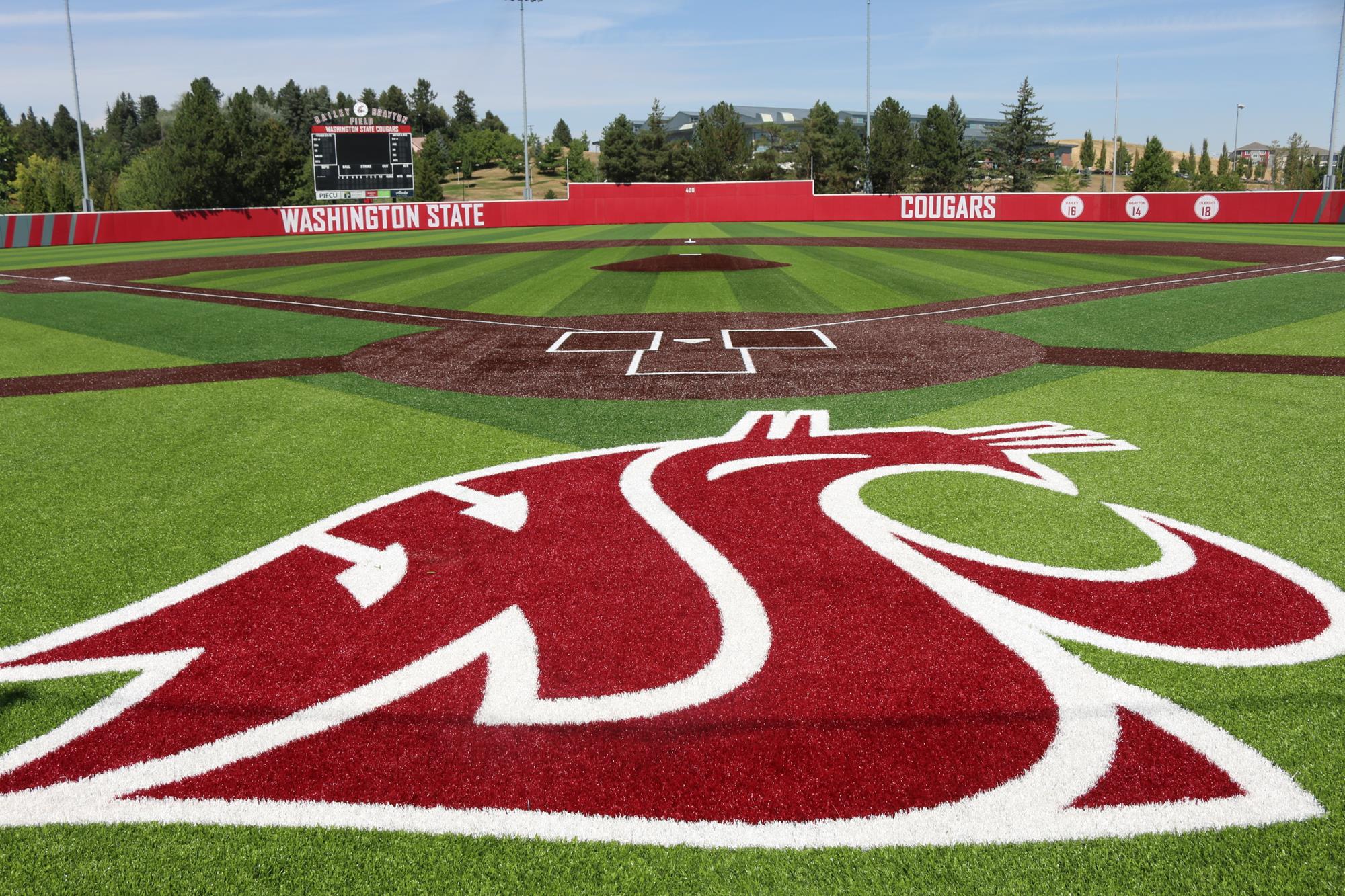 The Cougar logo behind home plate at Washington State's Bailey-Brayton Field.