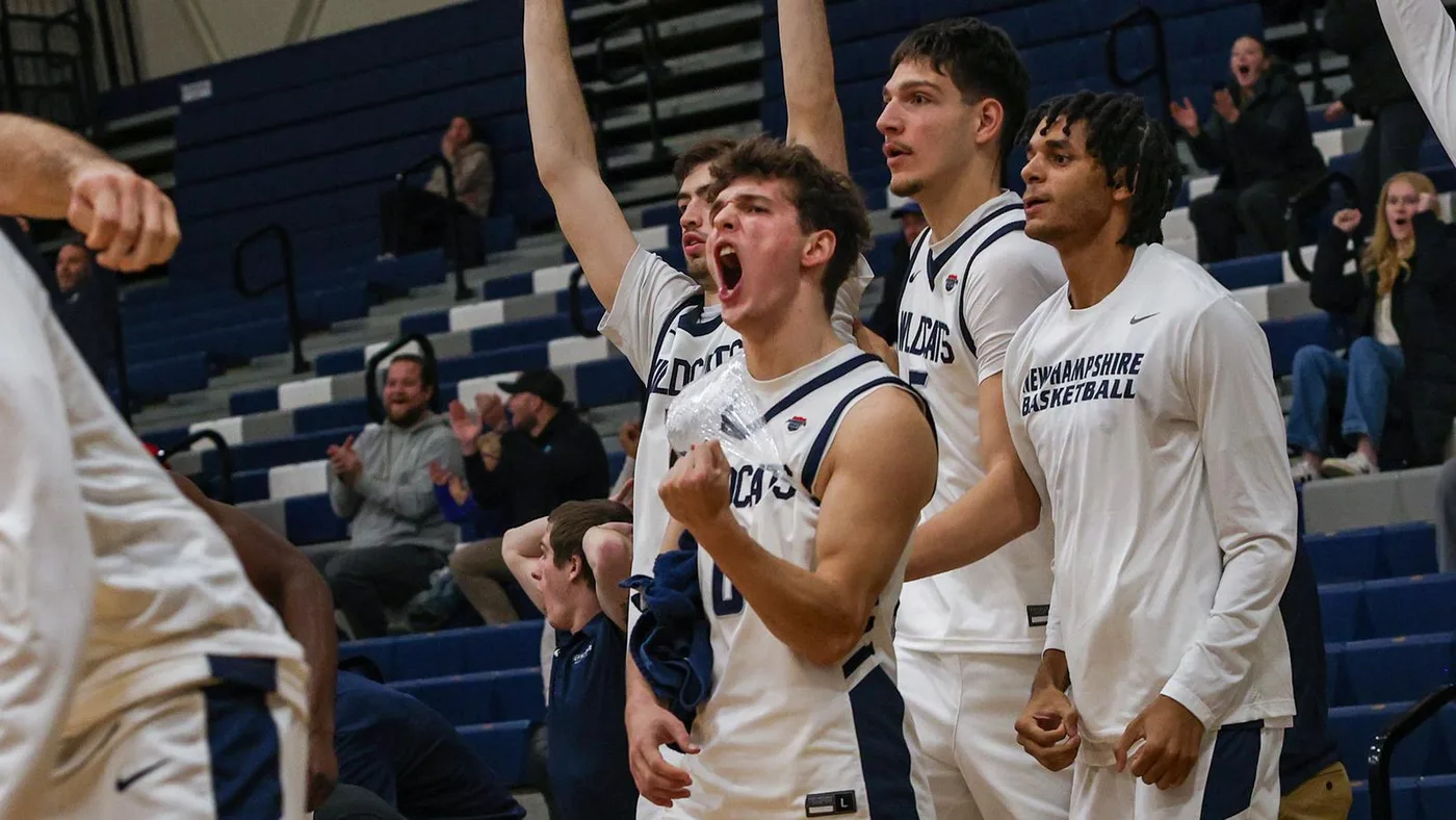 UNH men's basketball bench celebration led by Tyler Bike (vs Boston U; 12-06-25)