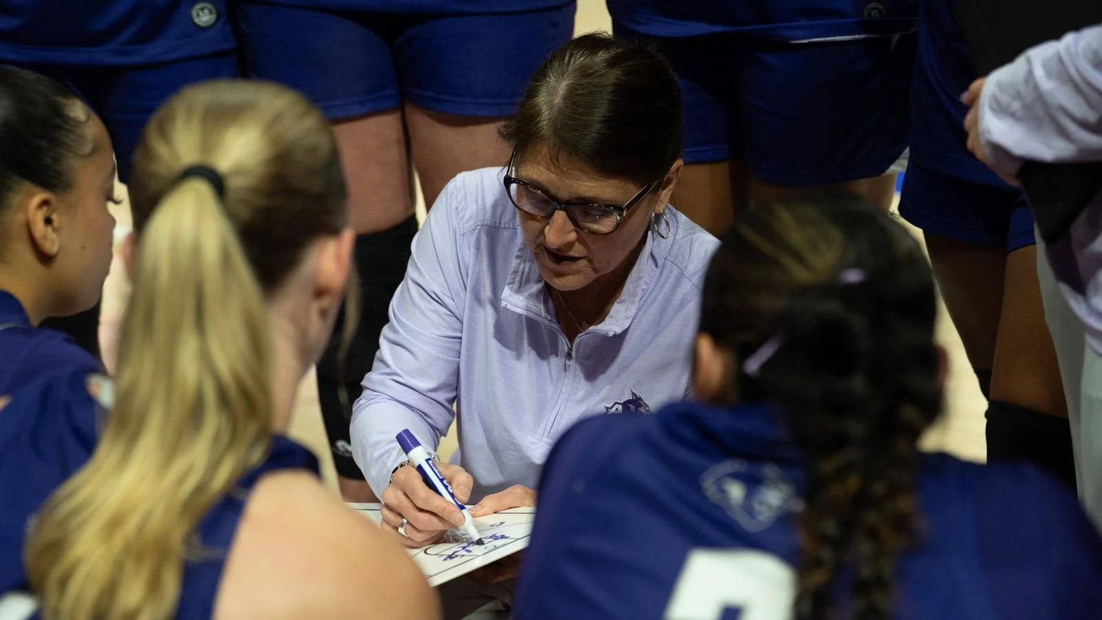 Julie Goodenough speaks to the team during a timeout in ACU's matchup with Illinois State in Normal, Ill. on March 27, 2026.