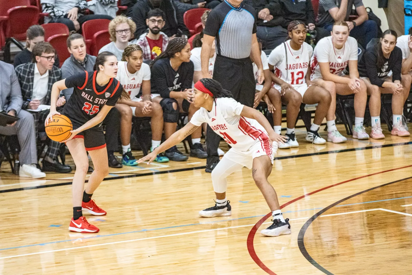 IU Indianapolis women’s basketball player defends against Ball State at The Jungle