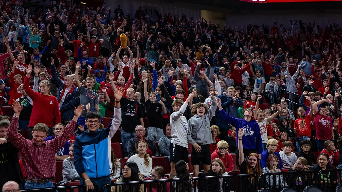 Fans and students cheer at Nebraska women's basketball's Sizemore Sportsmanship Pep Rally