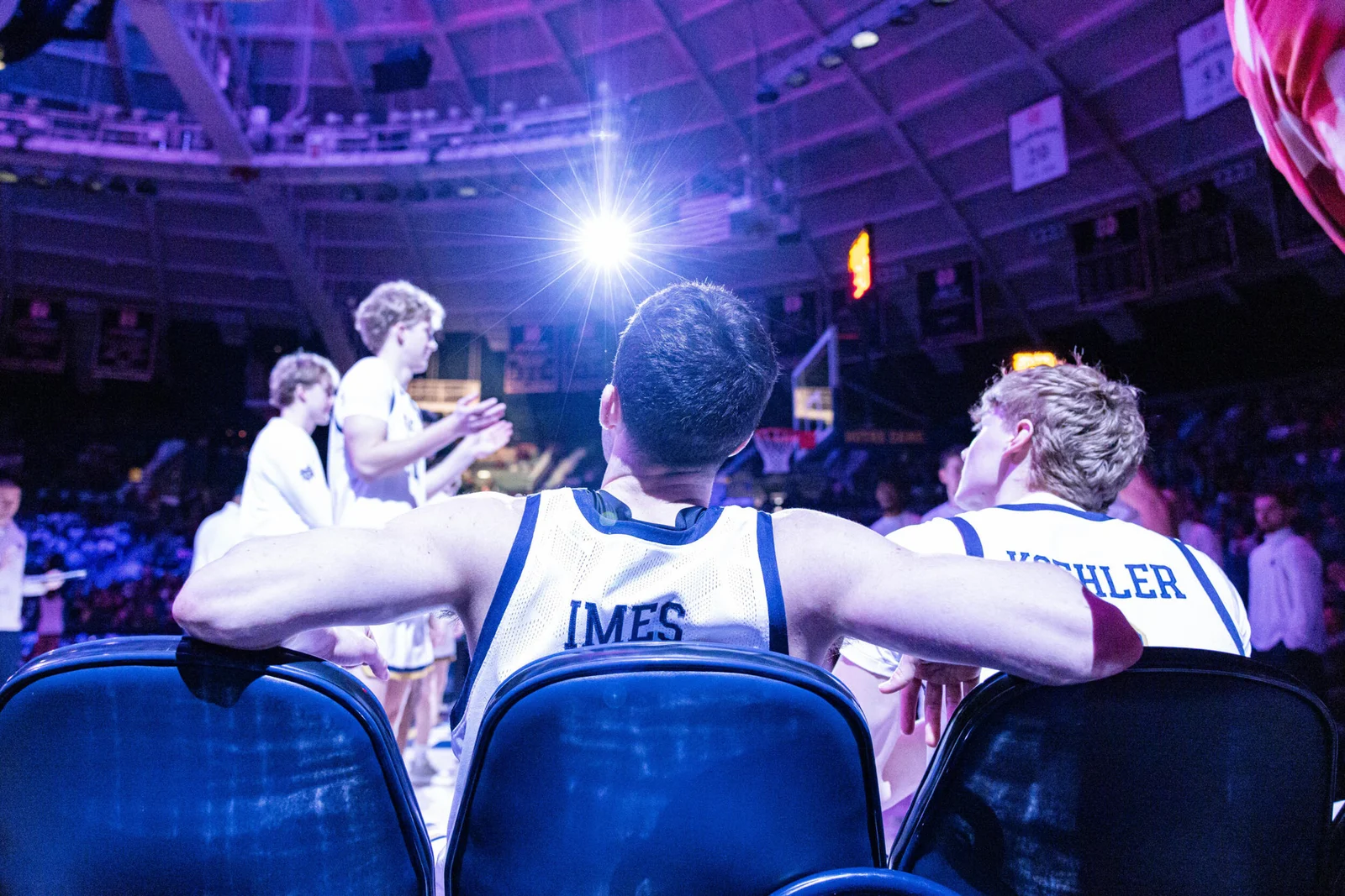 Notre Dame men’s basketball players on the bench at Purcell Pavilion