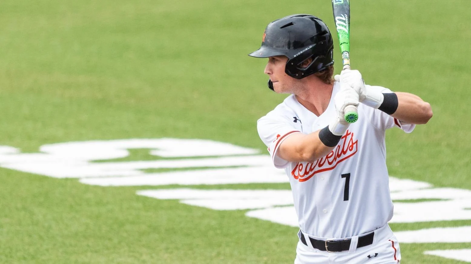 Sam Houston baseball player Ryan Franden bats in a Bearkats uniform