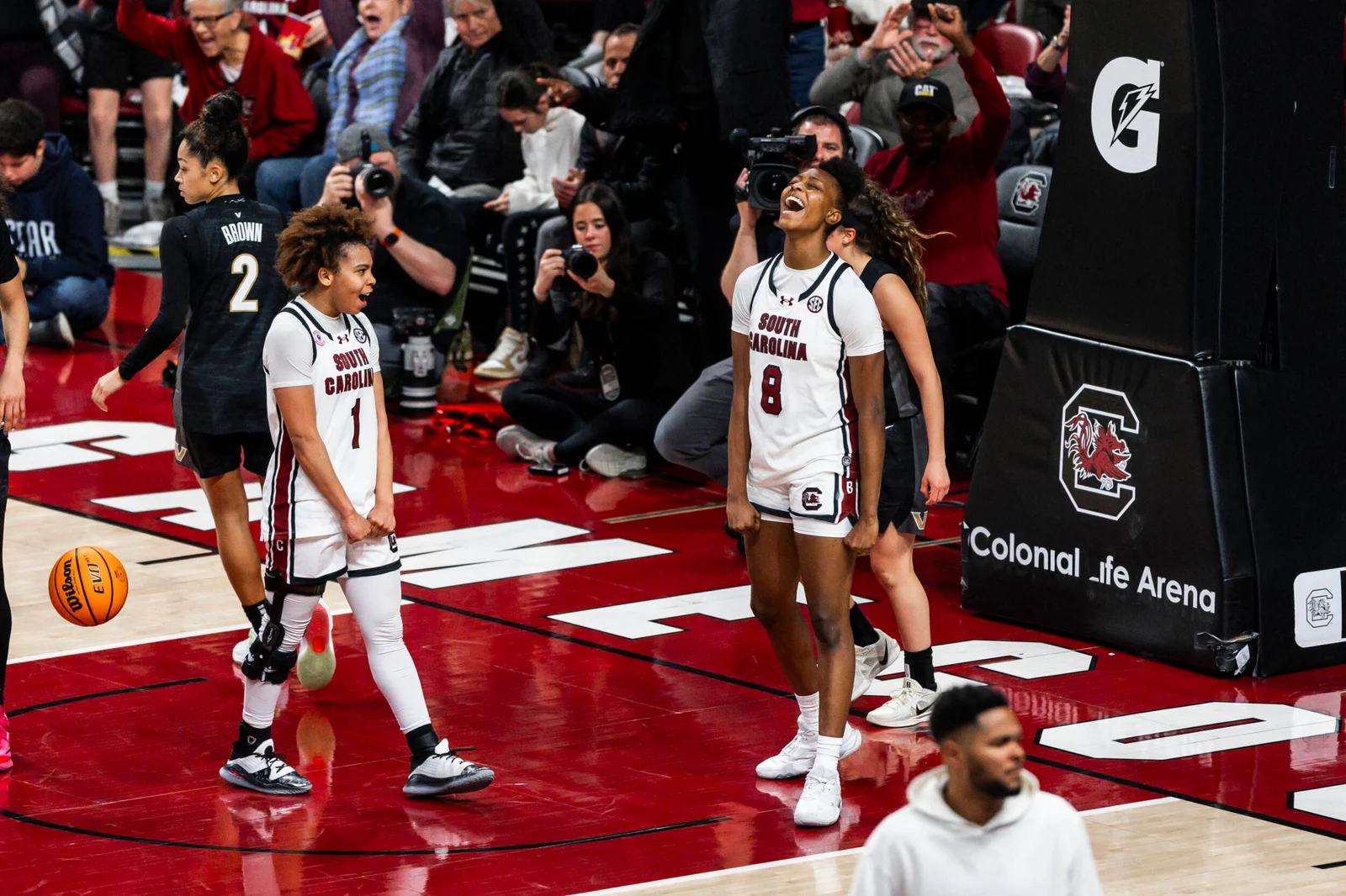 South Carolina women’s basketball players celebrate at Colonial Life Arena