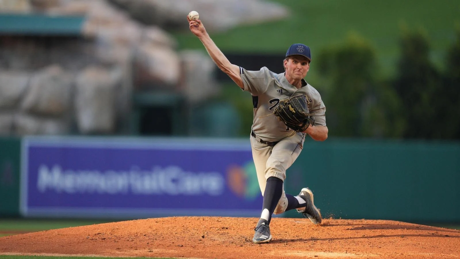 Finnegan Wall pitches for the 'Eaters in Angel Stadium during a win vs. Cal State Fullerton
