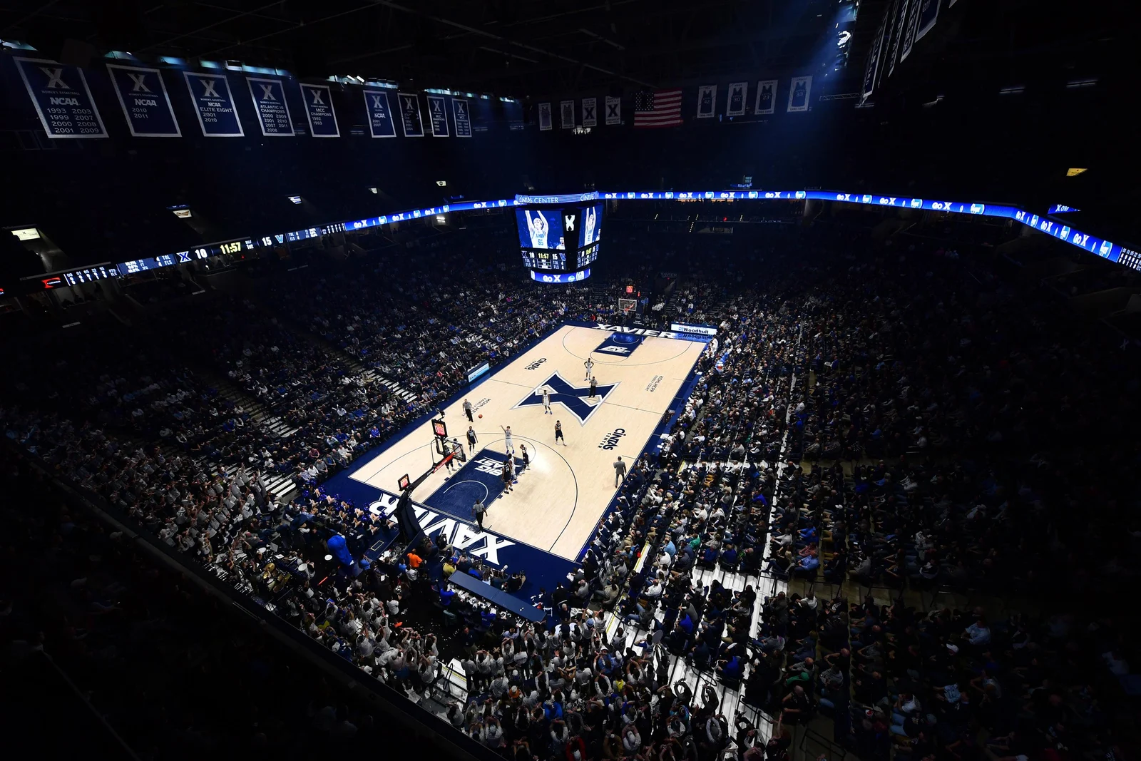 The basketball court and stands at Xavier’s Cintas Center